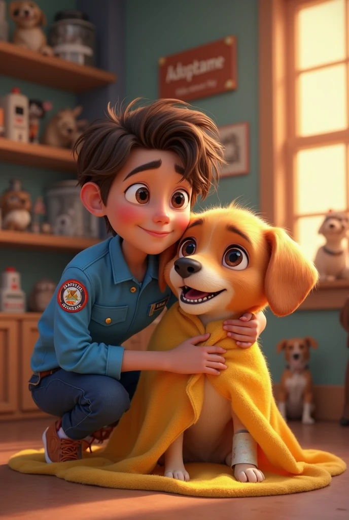 happy boy short light brown hair, light skin, orange short-sleeved shirt, looking at the puppy, puppy all yellow, looking at the boy, dog with all yellow fur, happy, Disney Pixar style, 3D, cartoon, cute, colors bright, intricate details, sideways, in profile, looking at each other