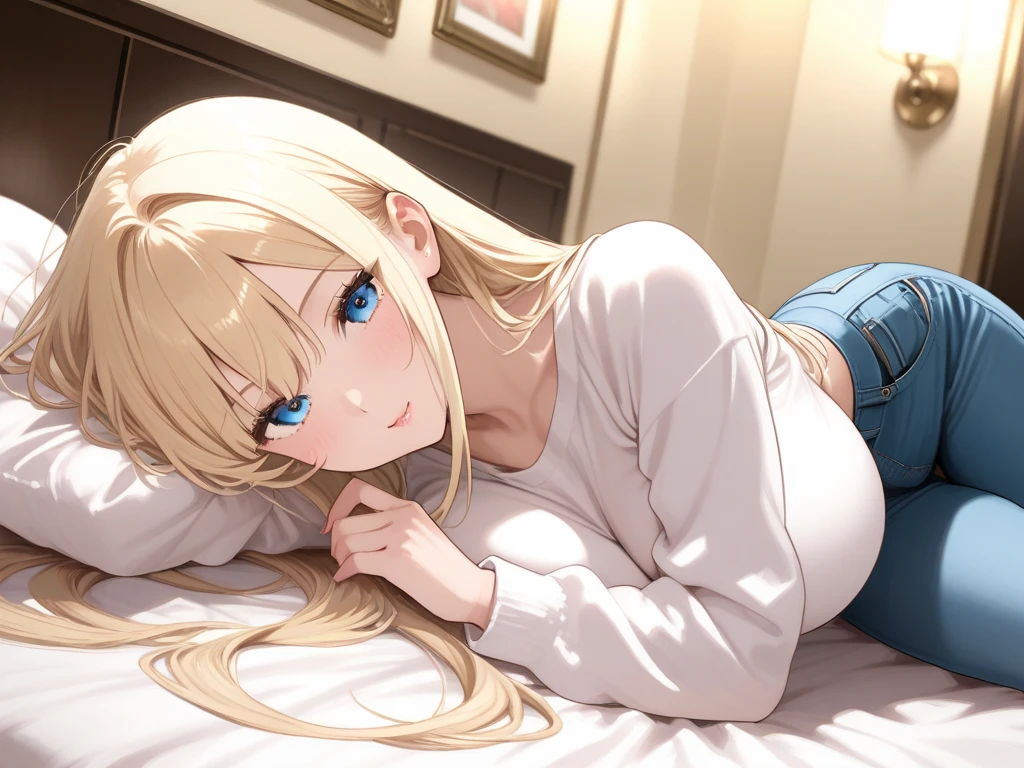 1woman,Lie down,super beautiful,cute,very detailed face, full body,HD face, perfect face,black t-shirt,short sleeve t-shirt,black mini skirt, ruffle skirt,very big breasts,Blonde hair,long hair,straight hair,bangs,blue eyes,ultra detail,ultra Hd, masterpiece,4k