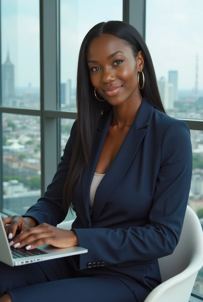 (medium full shot) of (angelic office secretary) young woman, south african, dark eyes, dark skin, dark skin, hazel eyes, petite build, short brown french twist hair,  wearing a rich plum  classic cardigan over a blouse, classic black skirt, low-heeled loafers, simple stud earrings, light blush, set in  IT Department, Tech-savvy space with server racks, computer towers, network cables, monitors displaying data, a help desk station, at sunset, laughing, squatting, Masterpiece,best quality, photorealistic, amazing quality, very aesthetic, extremely detailed face,