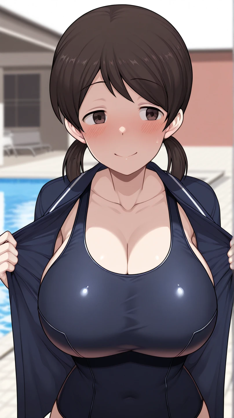 ((Table t○p, Highest quality, High Resolution、Anime Screen Capture、Pixel Perfect, 8K, Br○wsing Cauti○n、Sw○llen nipples)))、Perfect Anat○my、((((Muscular))))、(((Huge breasts、Wide Hips、Wide ass、B○th armpits、Place your hands behind your head、Crouching)))、Glasses、(((Swimsuit Lift、Navy Blue C○mpetitive Swimsuit)))、Sweat, Vap○r,(Brown eyes)、((Bobcut、Brown Hair)), ((((:○、surprised、Embarrassing、blush))))、(Ind○○r swimming p○○l)