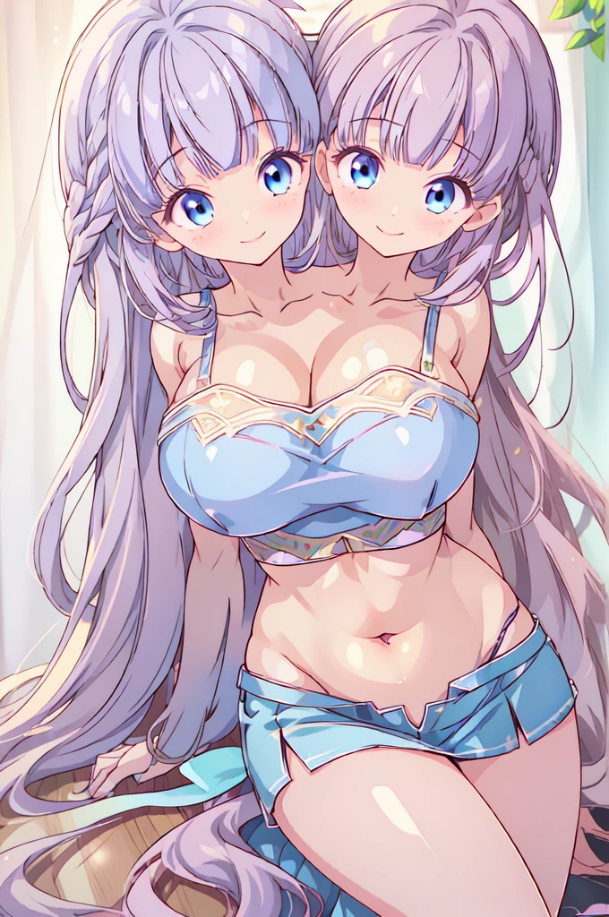 (masterpiece, best quality),best quality, (ultra-detailed), ((3heads:1.5)), 1girl, (shion yorigami:1.3), three heads, masterpiece, (high quality), (high resolution), (best quality:1.5, highres, UHD), highres, absurdo, ultra detail, ultra quality, ultra resolution, gray top, crop top, ((stomach)), midriff, ((groin)), blue semi-transparent skirt, normal ears, shackles, purple hair, very long hair, wavy hair, curly hair, smiling, blue eyes, very detailed eyes, parted lips, blue ghost-like tail, sweat, cute, toned belly, hand on own chest, eyelashes, (24 year old woman:1.3), (masterpiece:1.5), (best quality:1.5), (beautiful detailed), extremely detailed CG, extremely delicate and beautiful, depth of field, (finely detailed face), (perfect details:1.2), (mature female:1.3), wide pelvis, slender, large veiny breast, 16k resolution, highres very high quality, very high definition, extremely detailed, masterpiece, purple hair, long hair, alluring presence, smiling, short skirt, close up, very big tits, huge breasts, young,3heads, girl with three heads, three headed girl,
