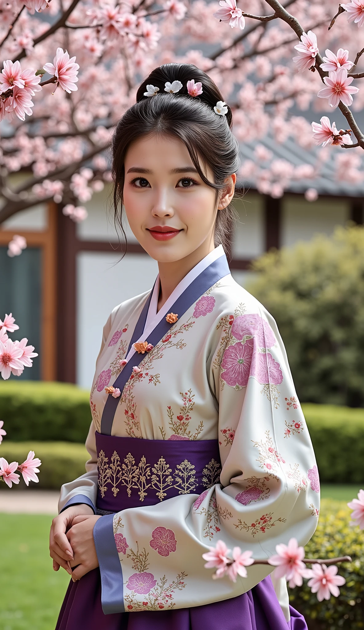 Excellent quality, Outstanding work ,realistic, beautiful woman standing in quiet korean garden,Cherry blossoms ,Eye rest ,Beautiful view ,traditional style, hanbok, high resolution,Extremely detailed 8K ,realistic之美,Perfect eyes,Smile subtly,