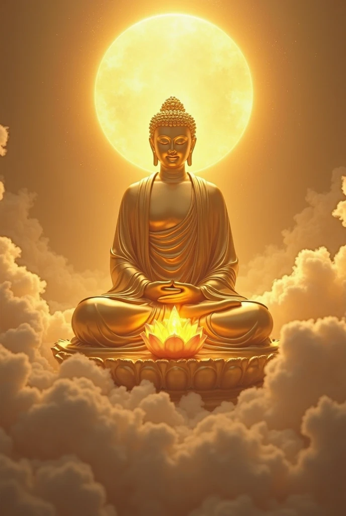 a statue in the sky of Budha made with yellow clouds at sunset, comic poster style