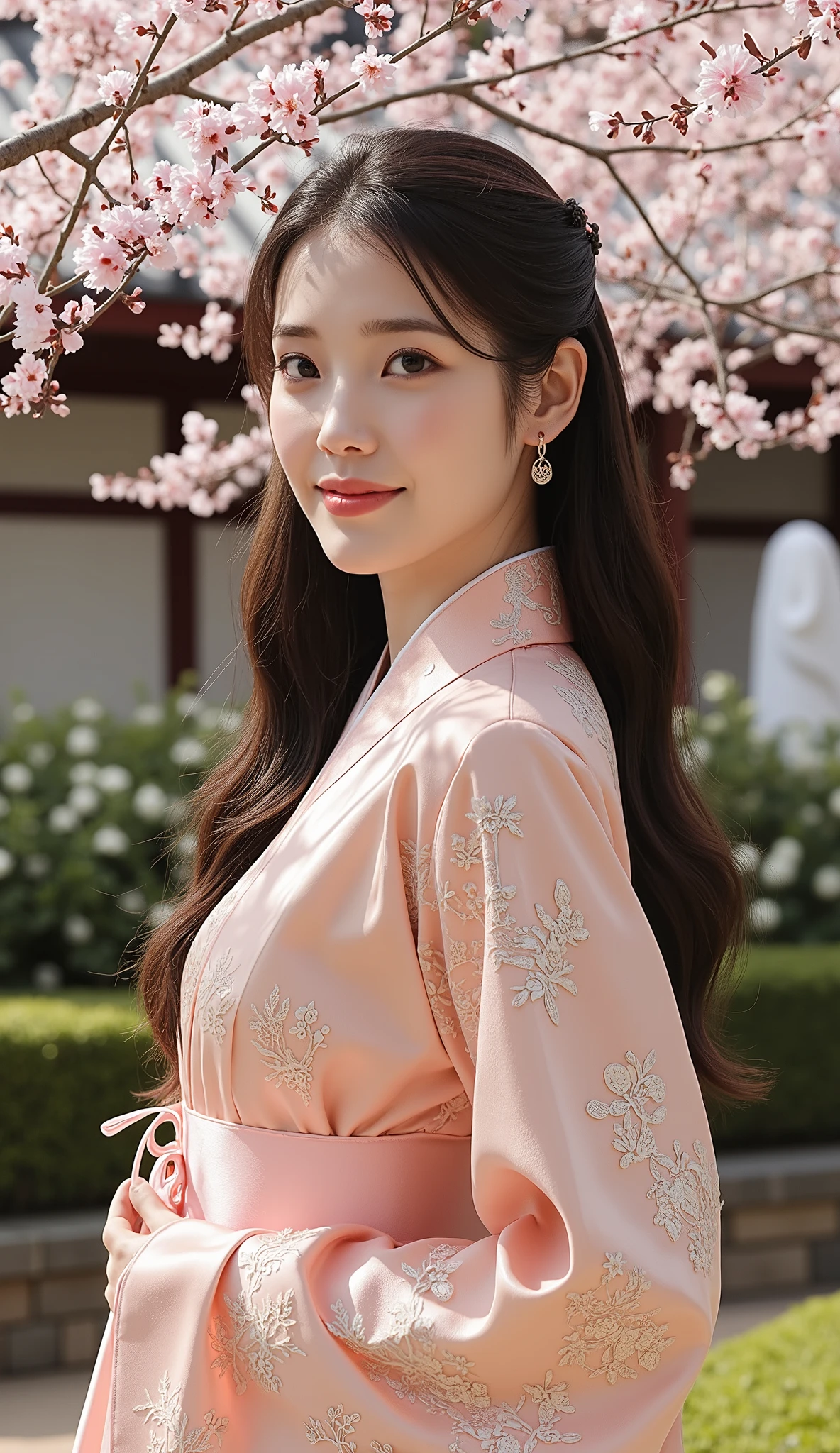 Excellent quality, Outstanding work ,realistic, beautiful woman standing in quiet korean garden,Cherry blossoms ,Eye rest ,Beautiful view ,traditional style, hanbok, high resolution,Extremely detailed 8K ,realistic之美,Perfect eyes,Smile subtly,