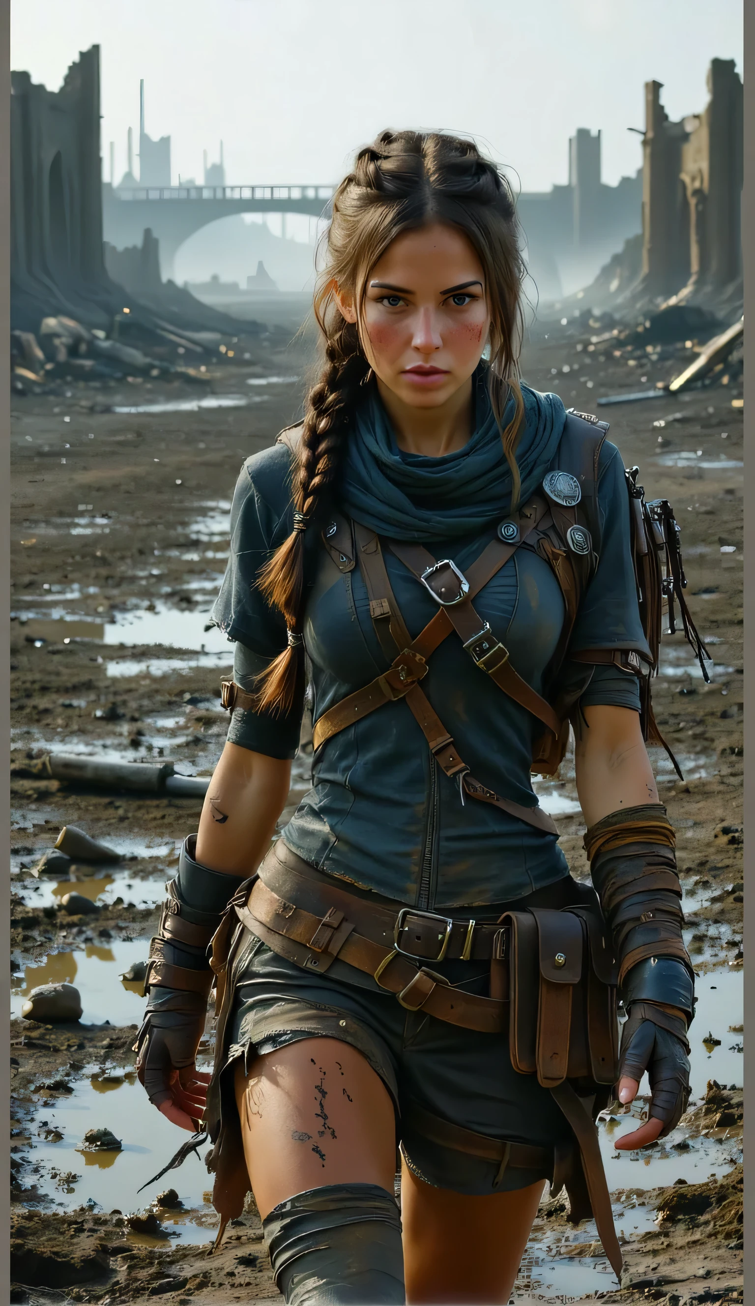A resilient explorer of badlands, with tanned skin , a determined look and hair braided with found objects that subtly combine with her movements, wears practical but elegant clothing made of reused leather and recovered metal, crossing a desolate landscape where the ruins seem to move, y where the ground itself seems to crack with the weight of time and with the haze of heat subtly distorting the world around her, , emphasizing her strength and the harshness of the environment with a wide angle and strong backlighting that captures the vast scale of the world and the resilience of her character., and a mood that is both melancholic and hopeful, the image of a bridge collapsing reforming in the distance reflects both the decay of the world around her, but also the promise of a future that is yet to be decided.