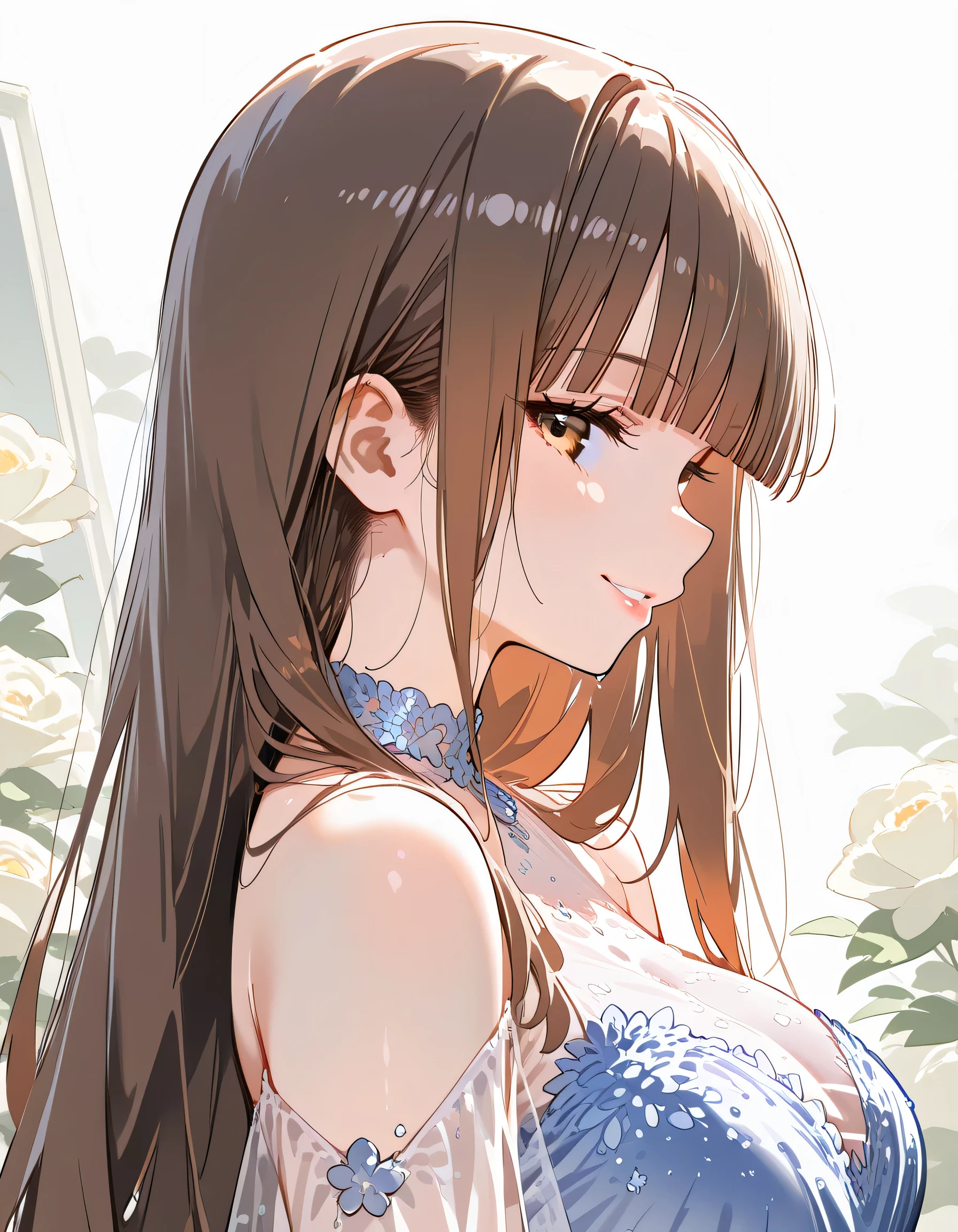 1girl,tea brown shoulder length hair,blunt bangs,looking at viewer:1.3,natural cosmetic,adult female face,full lips,smile, See-through color misterious sexy fitting party dress, BREAK,from sideview,(profile),focus of face,(closed up face),(upperbody), soft focus,limited colors,soft lineart,flat vivid color background,memorial shot,Detailed face, eyes looking at a lover, enchanting, captivating the viewer, seduction,