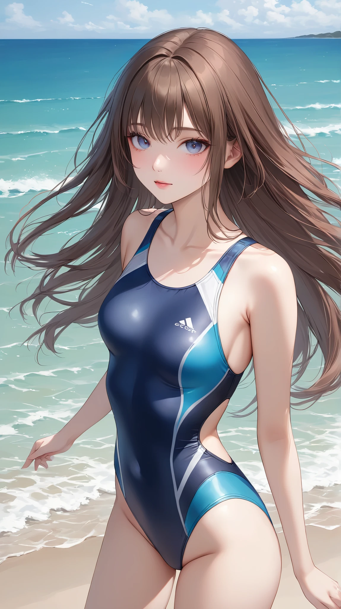 (best quality) (ultra-detailed) (dynamic) (wet tight swimsuit) (best illumination) (beach background) (sandy beach texture) (ocean waves)