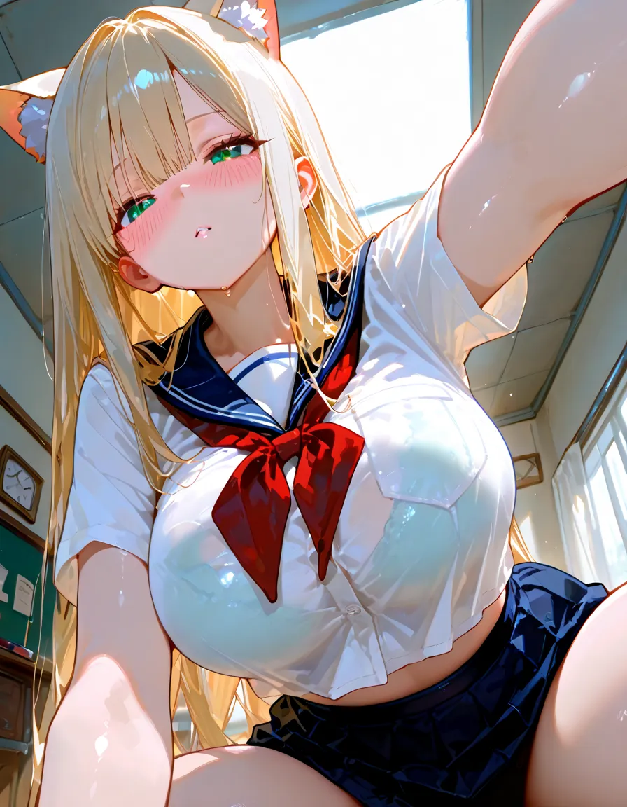 nsfw:1.5, Top quality, ultra high resolution, , (top quality, high resolution, 4K, detailed lighting, shaders, perfect anatomy, perfect proportions), eye of the beholder, (masterpiece, top quality) (top quality, 4K, 8K, high resolution, masterpiece: 1.2), highly detailed, (masterpiece: 1.3, top quality, ultra high resolution, ultra detailed), (top quality: 1.2), perfect eyes, perfect face, (top quality, 4K, 8K, high resolution, masterpiece: 1.2), highly detailed, (top quality, 4K, 8K, high resolution, masterpiece: 1.5), masterpiece, top quality, ultra detailed, top quality, high resolution, 32K CG, very delicate and beautiful, illustration, high resolution, sharp focus, very beautiful and detailed anime face, very detailed eyes, ((masterpiece)), ((best quality)), (super detailed), ((cute)), cute, ((very detailed)), 4K, (8K), best quality, (best quality, 8K, 32k, masterpiece, super high resolution, very detailed, impressionistic:1.2), blurred background, (two arms) , (two legs), (four fingers and 1 thumb) , one belly button, 

(Profile: 1.2). (Looking away: 1.8). (Front view: 1.4). (Short-sleeved sailor uniform: 1.6). (School bag: 1.4). (Sitting with legs spread apart on the steps of the student entrance: 1.9). (Dress lifted to reveal beautiful breasts: 1.8). (Beautiful face: 1.2). (Neatly trimmed blonde pubic hair: 1.5). (Beautiful blonde hair: 1.4). (Ponytail with red ribbon: 1.3). (White choker: 1.5). (Bracelet: 1.5). (Bangs swept to the side, revealing forehead: 1.4). (Blue-green eyes). (Confused expression: 1.7). (Blushing with embarrassment: 1.6). (Pale skin: 1.4). (Perfect proportions: 1.6).  (Small pink nipples: 1.3). (Breasts and nipples not covered: 1.7). (Semi-long navy blue skirt lifted up by hand to reveal genitals: 1.7). (No panties: 1.5). (Full and beautiful breasts: 1.5). (Perky breasts). (Thin waist). (Slender figure). (Beautiful butt: 1.1). (Realistic facial expression: 1.4). (Realistic skin: 1.4).