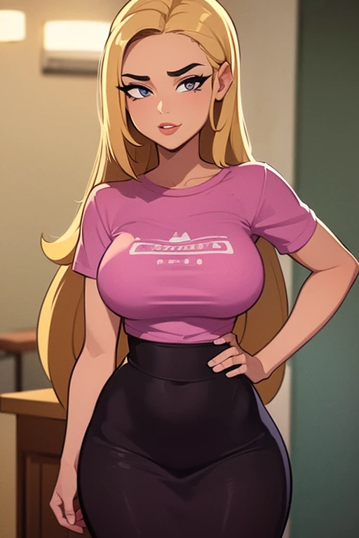 ((Best Quality)), ((Masterpiece)), (detailed), 1 girl, Pastel yellow hair, long hair, hair covers one eye, purple eyes, tight, big breasts, big thighs, expression smiling shy, white vote t-shirt, purple skirt, brown pantyhose