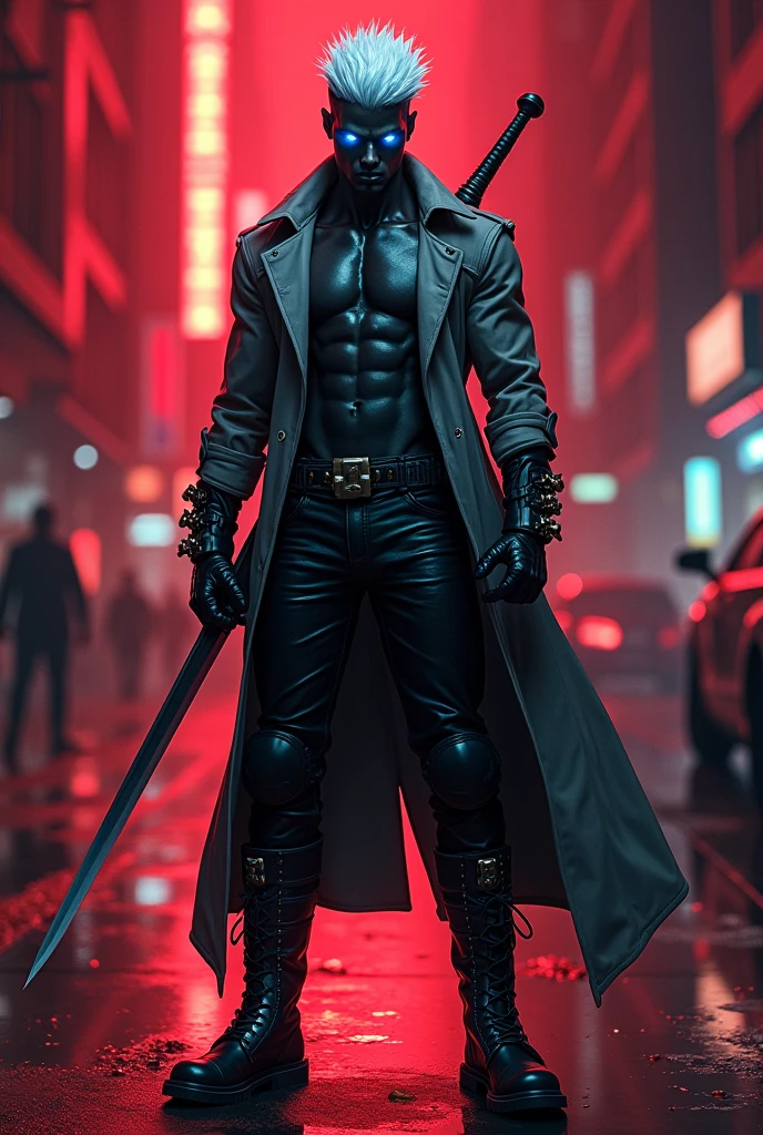 (highest quality:1.3), (Top performance:1.2), (Best illustrations:1.2), (Comic book style:1.2), (Artistic Film Lighting:1.2) (1 person) Wearing futuristic technology cyberpunk electronic robe, His body is covered with metal parts, Horror movie-like background of a futuristic cyberpunk city.
