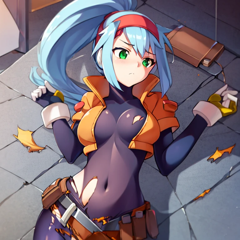ashe_megamanzxa, 1girl, solo, long hair, green eyes, gloves, bodysuit, ponytail, blue hair, stretching, masterpiece, high quality, <lora:Ashe_MegaMan_ZXA_V-06:0.9>