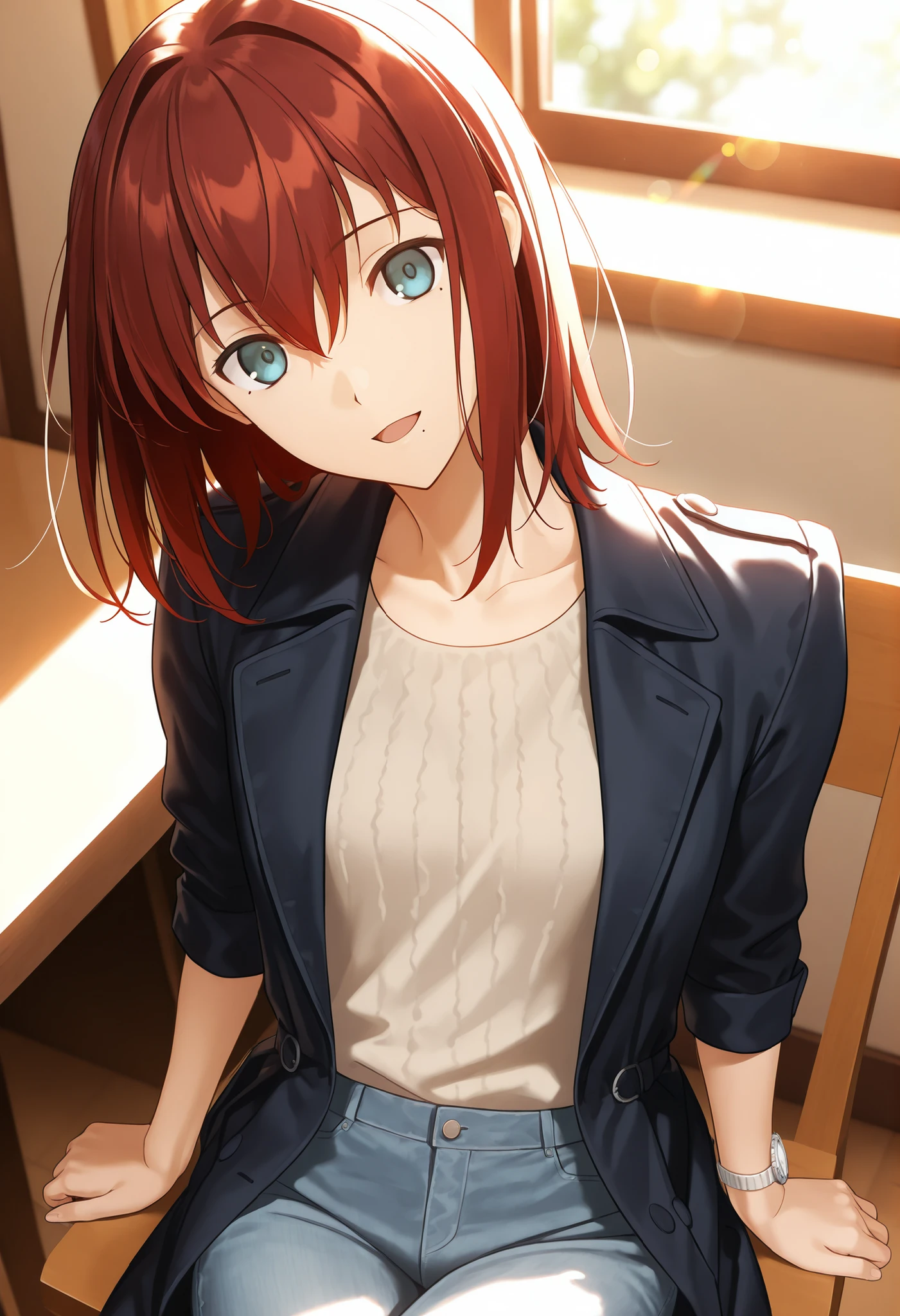 masterpiece, , absurdres, highres, detailed background, high resolution, masterpiece, necessary, detail, best quality, quality, necessary, details, High details, Precise, indoors, university, (dappled sunlight), day, lens flare, blurry background, (from above), solo, ,
1girl, , (type-moon,) style, koyama hirokazu style, ,,upturned eyes, shiny skin, mole under mouth, ,(head tilt), sitting, light smile ,one wrist watch, ,
tall girl, mature, slim body, slender body, brown red hair, medium hair, light blue eyes, , flat chest, hair between eyes, , ((dark blue trench coat, front full open coat)) , high neck knit, long sleeve, long denim pants, crossed legs , looking at viewer, light open mouth, (aged up:1.5), ,