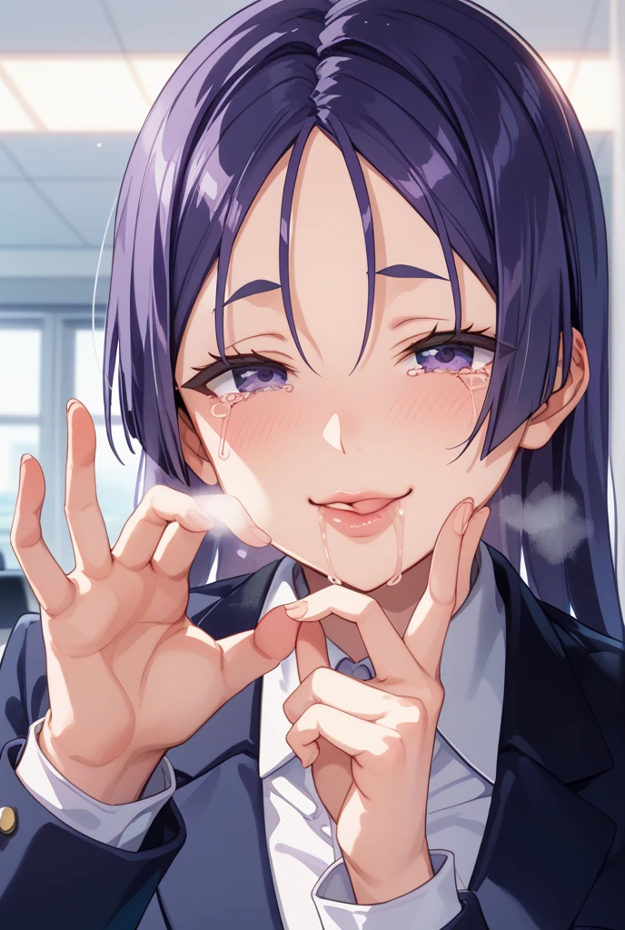 Beautiful lighting, Akane, White shirt, Sweater vest, Black vest, Blue tie,(masterpiece, best quality),pov, fellatio,penis,1boy,(nipples:0.5), excessive cum,tongue licking, trembling,