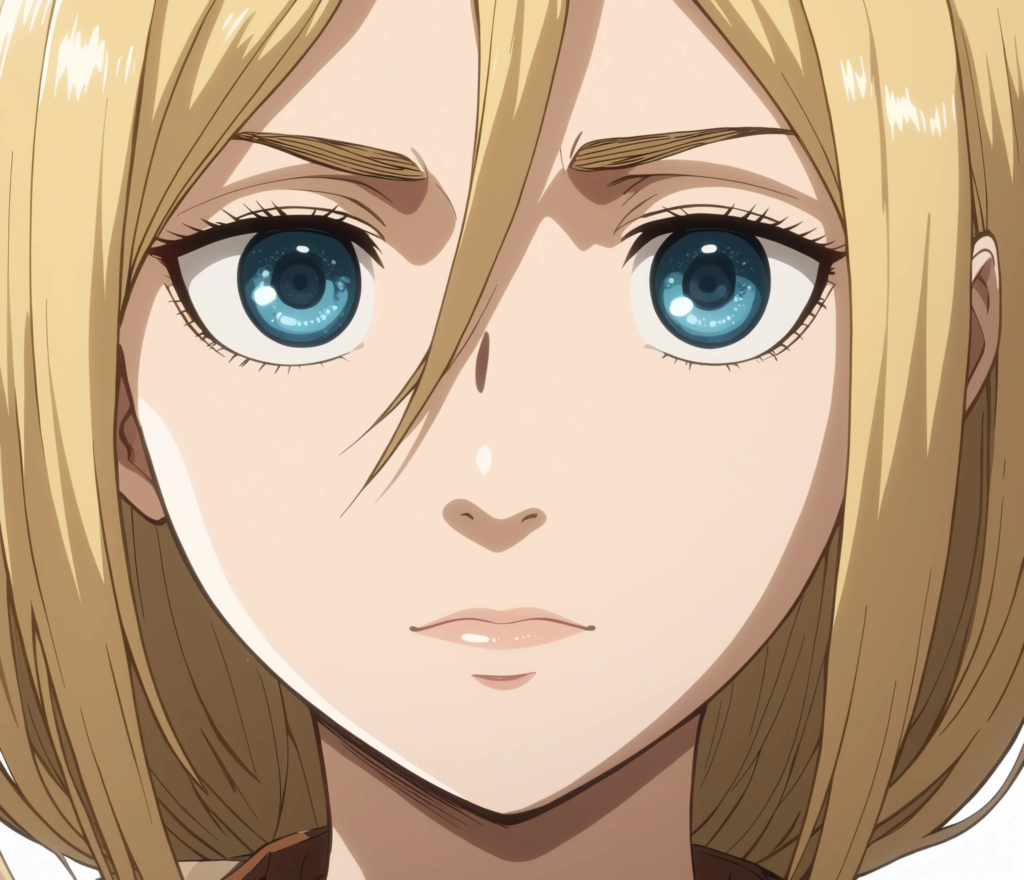 ((Historia Reiss)), blonde hair, (detailed hair), two strands of hair, ((blue eyes)), (4K eyes), (outermost edge of dark blue iris), glitter in eyes, eyebrows, eyelashes, (nose), nostrils, ears, simple lips, (relaxed face), (2D anime style), (((Attack on Titan anime style))), (high quality), ((detailed body)), ((design true to the original)), (high quality), ((very detailed)),