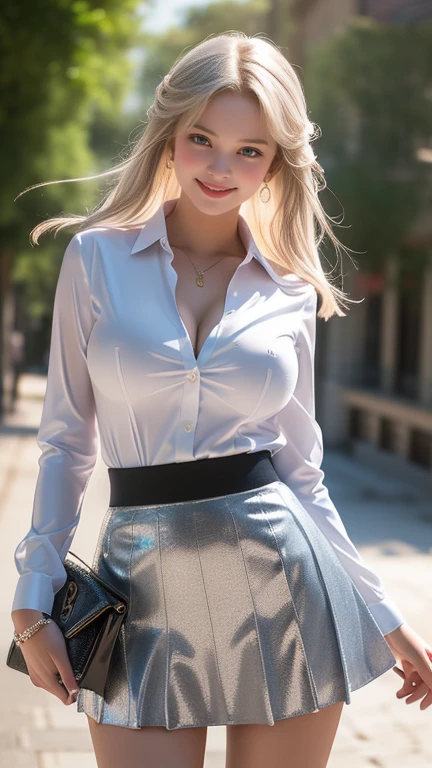 (best quality, ultra high resolution, real, photorealistic:1.4, 8K), a cowboy girl, solo, smile, BREAK, detailed hair, long blonde hair, hyper detailed face, hyper detailed skin, white skin, applying sparkling glitter on the skin, blue eyes, BREAK, blushing cheeks, detailed red lips, (big breasts:1.1), drunk, BREAK, (detailed clothings, pastel-colored shirts with latex:1.5, a tote bag:1.2, rainbow skirt:1.1), (a Lamborghini on the avenue in the background:1.3), beautiful lighting