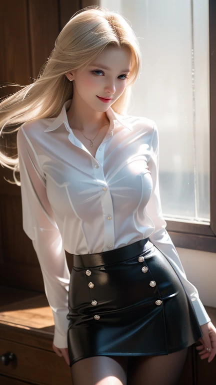 1 European and American cat girl beauties:Imperial sister，Beauty model，Sexy see-through white shirt，Expose her belly，Plus a black suit（untied），Black hip-wrap skirt（bib），Hot and sexy body，long, floated hair，Wear black stockings！！！，Thin limbs，Snow-white skin，There is light in the eyes，Melon seed face，fiery red lips，Make provocative and seductive gestures，curlies，Leaning against the window，Blonde hair，enchanting，Blue pupil，domineering side leak，二重まぶた，Large breasts，It has cat ears on its head，There are nine cat tails on the butt，She wears a black collar around her neck，street frontage