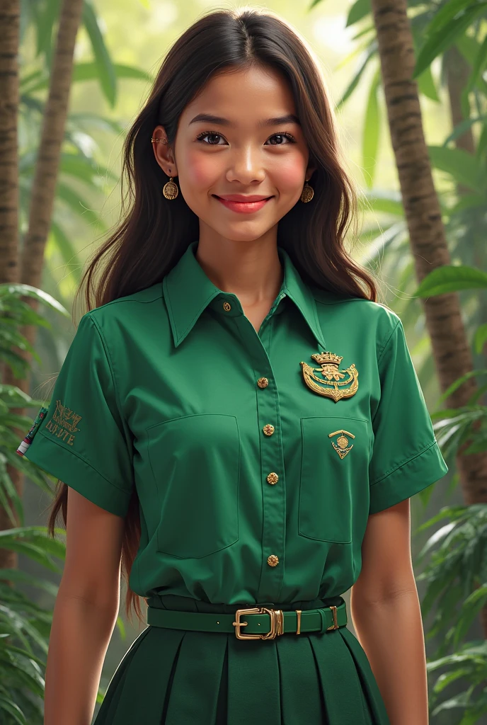 Create an anime character, woman with black hair tied in a ponytail, Large and expressive eyes, and he is smiling. He wears a green t-shirt with a red and gold shard design in the center., and you can see a purple strip of what appears to be an undergarment underneath.