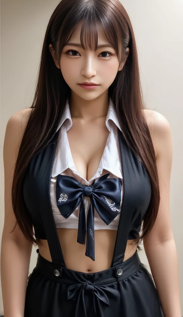 ((A female student stands in the office with her breasts exposed)),(1girl in), (thick and long black hair), Bangs, Blunt bangs, Long hair, ((poneyTail)), aqua eyes, longeyelashes, Solid Circle Eyes, makeup, Open mouth, blush, Parted lips, Bright pupils, Seductive smile, glint, surrealism, Modern, Chiaroscuro, depth of fields, One-person viewpoint, F/1.8, 135 mm, canon, nffsw, retinas, masutepiece, ccurate, Anatomically correct, Textured skin, Super Detail, high details, High quality, Best Quality, hight resolution, 1080p, hard disk, 4K, 8K,(Breasts whole body angle)、Beautiful breasts schoolgirl uniform、((White Blazer,emblem on breasts))、(Translucent white blouse、Oily skin、skinny、(red loose bow tie)、Skyscrapers are hazy in the background、blush, Parted lips, Bright pupils, smiley, Seductive smile, glint, surrealism, Modern、Chiaroscuro、(Medium Size Breast)、((sexypose))、(camel's toe), double whirlwind pattern design garment,Iris heterochromatic pupil,hight resolution,((The erection))、(Puffy eyes:1.2)、 (Slim legs),(Light shines on the face and chest)、 (the underside of the chest is slightly visible),(Visible lower milk、I can see your belly button and ribs)、Hip bones and lower abdomen are visible、((Navy blue flared miniskirt with white trim))、(lift up skirt),(White panties are visible),(Black stockings、I see black high heels)、Very beautiful breasts、Grasp your breasts with both hands、(Puffy eyes:1.2)、 (Slim legs)、erotick、nffsw、