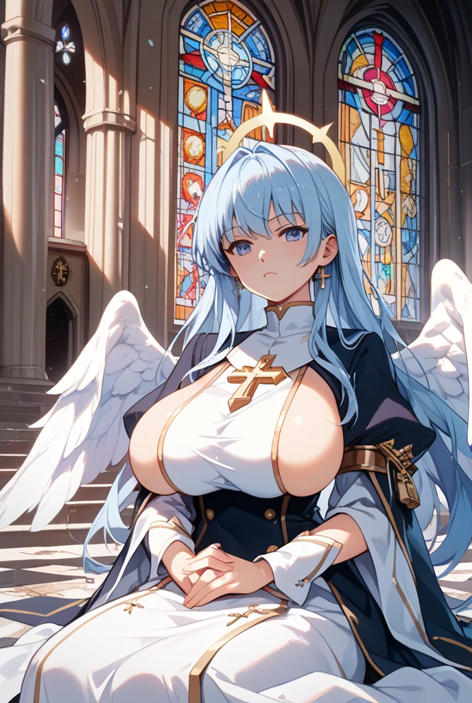 White hair, French baret, nun, exposed breasts, medium sized breast, 19 years old, prays, cross necklace, close portrait, cute anime girl, red eyes, white angel wings, praying
