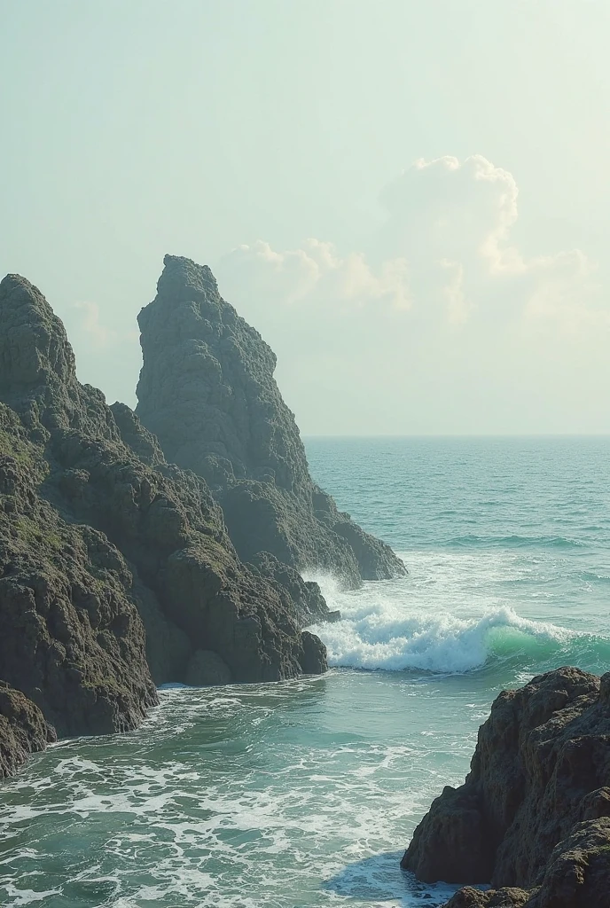 a young man dressed in a formal suit, standing on a rock cliff, his back turned to the camera, strong sea waves crashing against the rocks, stormy clouds in a beautiful sky, dramatic lighting, cinematic composition, photorealistic, highly detailed, vibrant colors, 8k, award winning photograph, lion face gigant on front