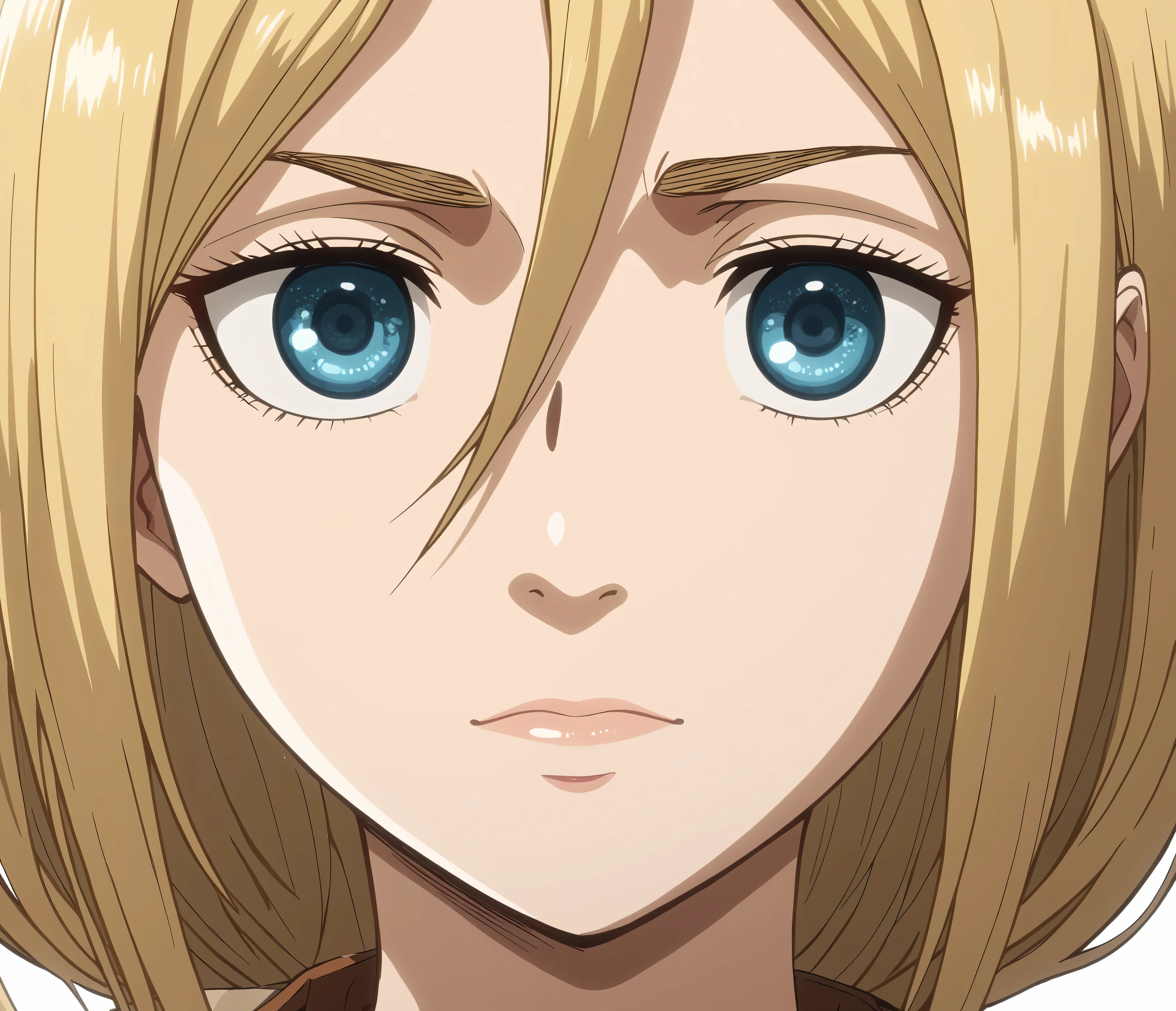 ((Historia Reiss)), blonde hair, (detailed hair), two strands of hair, ((blue eyes)), (4K eyes), (outermost edge of dark blue iris), glitter in eyes, eyebrows, eyelashes, (nose), nostrils, ears, simple lips, (relaxed face), (2D anime style), (((Attack on Titan anime style))), (high quality), ((detailed body)), ((design true to the original)), (high quality), ((very detailed)),