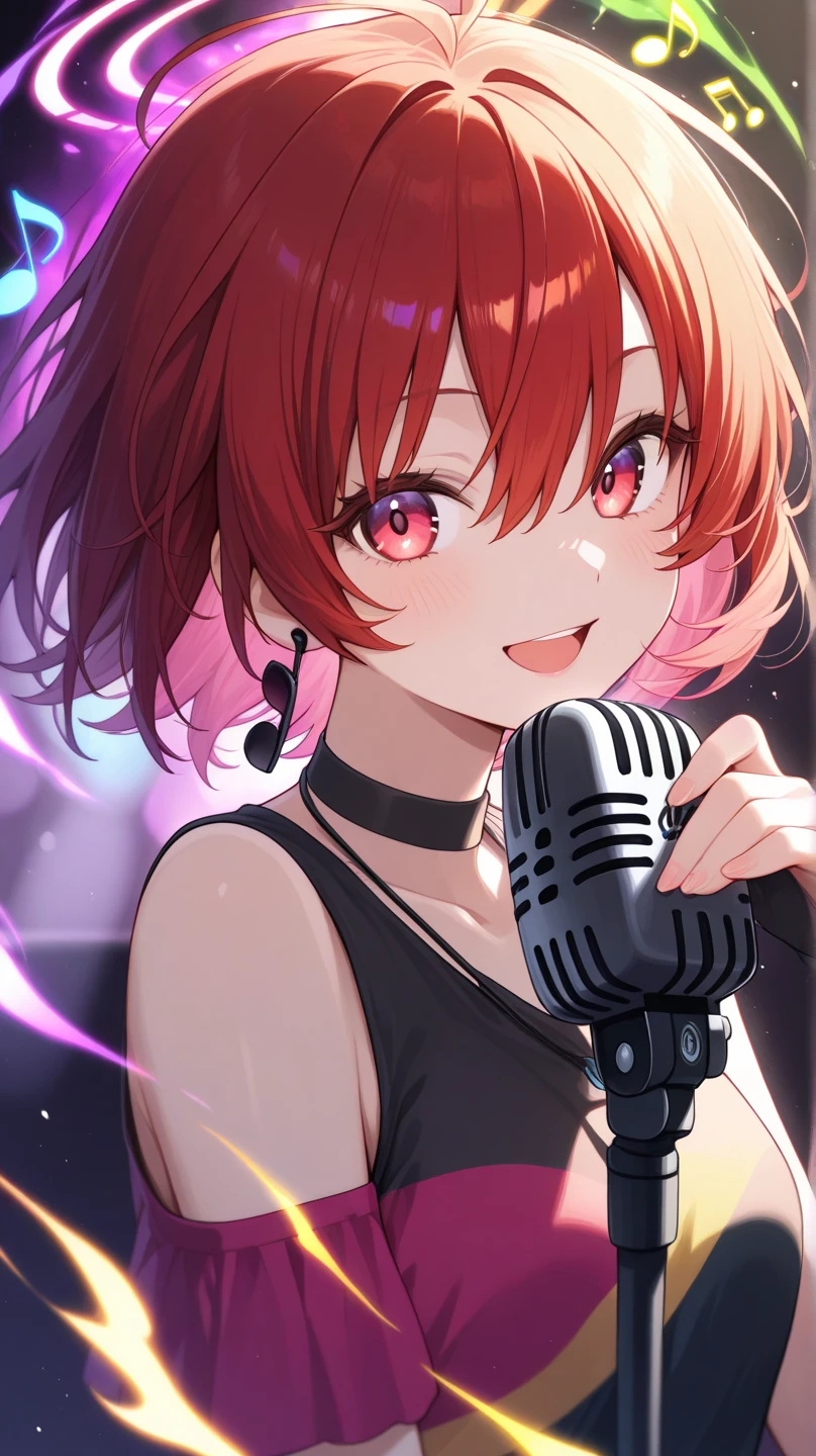 ((masterpiece)), ((best quality)), (ultra-detailed), ((kawaii)), cute, (lovely), illustration, anime style, upper body, upper body focus, a cute girl, solo, 1girl, Live performance venue, During rehearsal, Japanese anime illustration with pale colors, fiery red spiky hair a little longer than shoulder length, with the tips casually fluttering. (Heterochromatic eyes:1.5 left eye red and right eye blue). Hollow-looking eyes (dark eye colors). Red, shoulder-revealing sweater. A 15-year-old girl with a bored-looking mouth. Black choker with a keyhole around her neck. sweater with red shoulders, girl, smiling, choker with black keyhole around neck, (red hair), short hair, Relaxed atmosphere.