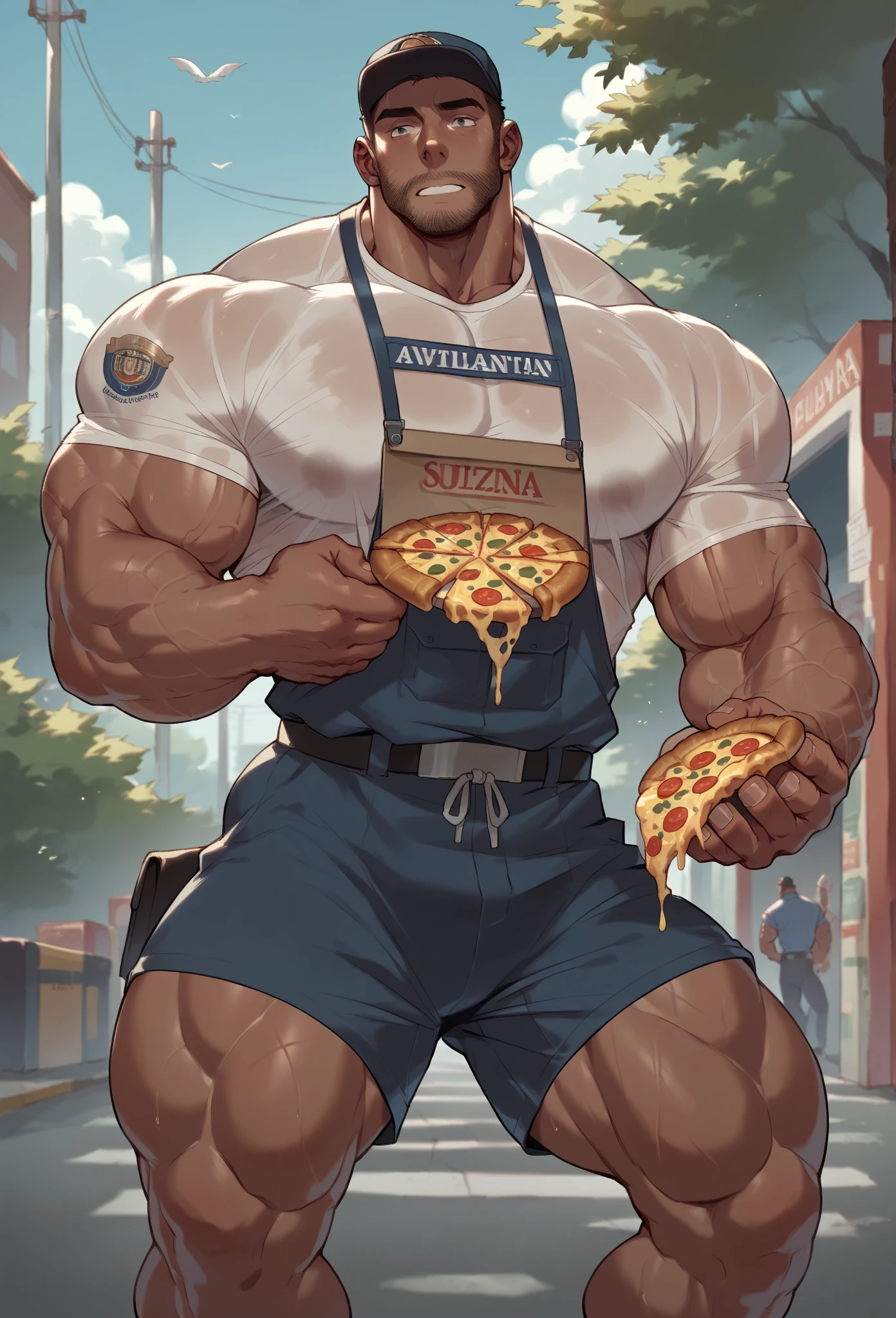 1 man,(Skinheads hairstyles) ,black eye,(Wear a fitted round neck t-shirt in navy with a police badge.:1.3),(fit neck),Navy blue jeans,(black_gloves), Korean guy,chest muscles,large arm muscles,blood vessel,Big muscles,Broad shoulders, smile, middle of the road,(full_shot:1.6),(In the bread shop:1.2),