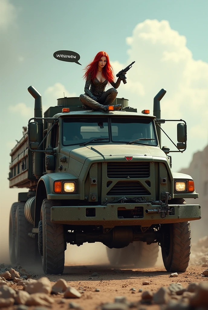 Describe an epic war scene, where a fearless woman with long blue hair riding a Harley Davidson-style motorcycle is the center of attention. Ela usa uma camisa regata branca rasgada, manchada de sangue, and a worn pants with a military color scheme. The expression on the woman's face reveals her courage, but also a hint of fear. She is loaded with ammunition belts and a pistol on her thigh, pronta para lutar. Ao fundo, The scenery is chaotic, with gunshots and bodies strewn across the ground. Menacing monsters complete the gloomy landscape. A vista frontal captura toda a grandiosidade desse momento, allowing the observer to appreciate the woman's determination and the frightening context of the war.