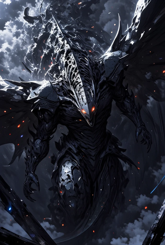 full body, shiny white dragon storm dragon, large black horns, large white wings, black energy behind, black energy dragon, wearing a white and black dragon armor, black storm lightning background, black lightning