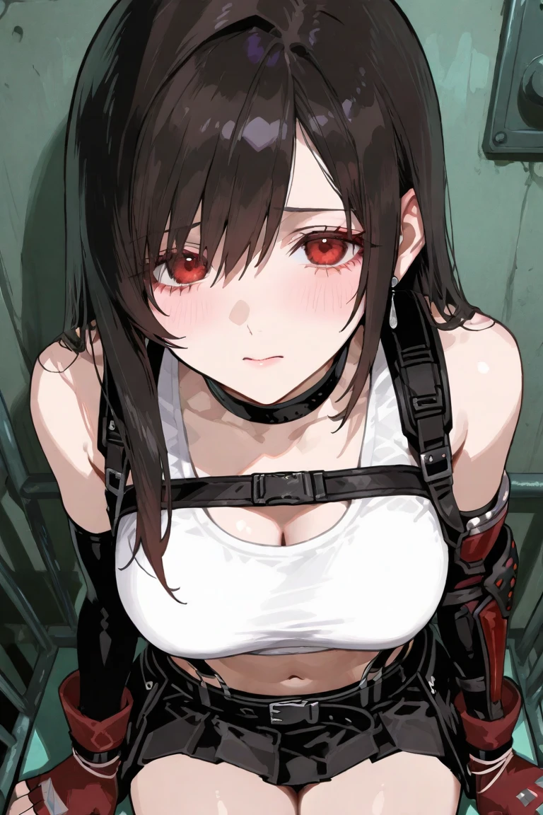 solo,blindfold, head tilt,sitting on chair,bar, tape gag, tape bondage, rope,Tifa Lockheart,masterpiece,(8k, best quality, masterpiece:1,2), (realistic, photo-realistic:1,37), top quality,
