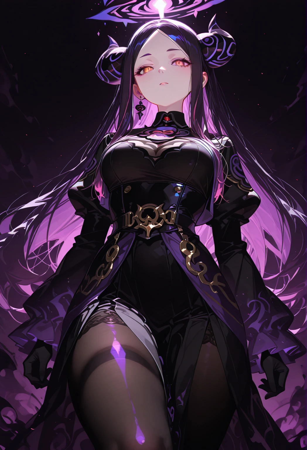 (tmasterpiece,top Quority,best qualtiy,offcial art,Beauty and aesthetics:1.2),Extremely detailed,(s fractal art:1.3),Extremely colorful,Most detailed,1girll,full bodyesbian,standing,Long black hair,Starry Sky Eyes,Black dress,high-heels,(black pantyhoses),