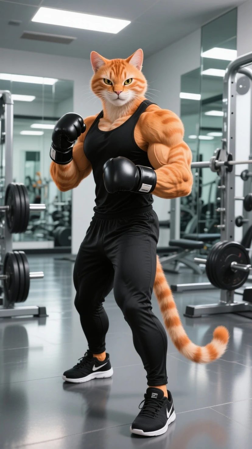An orange cat in the gym, very strong and muscular 