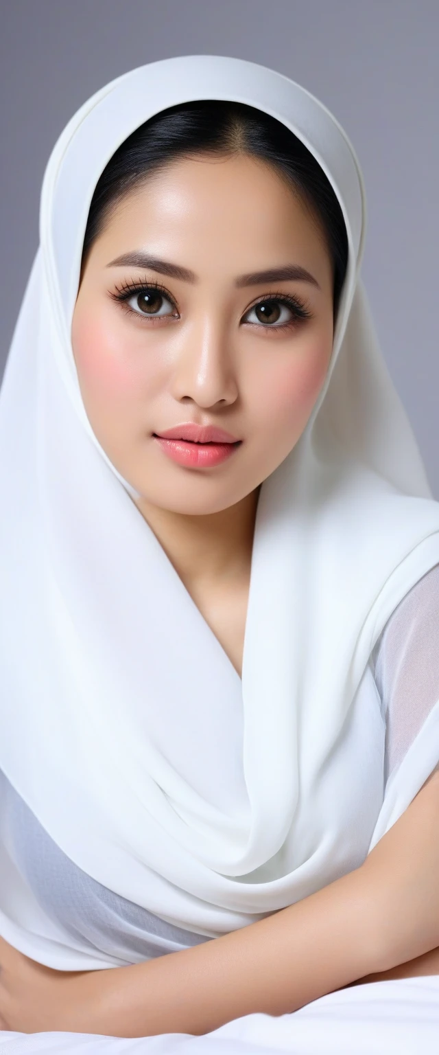 Jumbo (kebaya), Chubby adorable, 1 girl, (face to face), 10 years old, baby face, happy, half body portrait, (face details: 1), (eye details: 1), ((big breasts)). wearing transparent transparency soft soft long shirt, hijab, .. Cute posed. proportional body. Ultra High Res. realistic: 1.4, UHD, (floral pattern), view from side seductive pose 