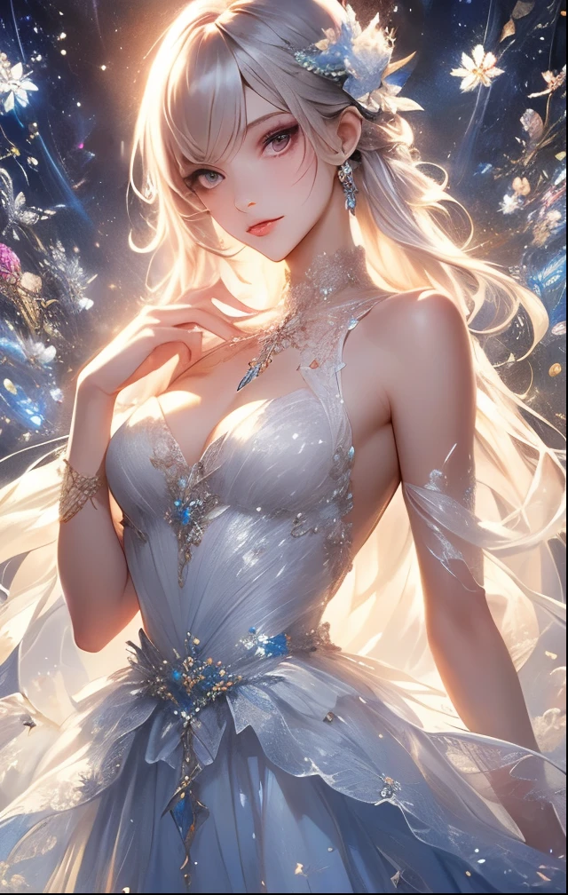 (Highest quality, 8K, CG), Beautiful and exquisite upper body, Delicate face,purplish-silver hair,Wavy Hair, Fluffy long hair,Gradient Hair, Waist-length hair,Wearing a circlet, Purple eyes, Almond Eye, Exquisite eye makeup, 長さ eyelashes fluttering, Starry Sky, Delicate lip detail, Soft and harmonious style,Exposed shoulders, bracelet,gem,Suspended particles,romantic,grace,Elegance and fragility、Glamour