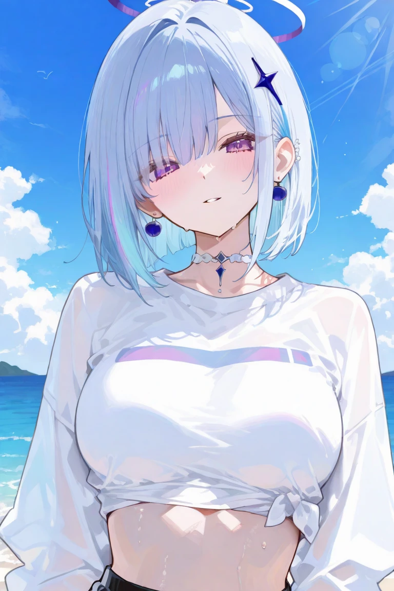 (best quarity,ultra detailed,ultra-high-resolution, absolutely resolution,8k, masterpiece),anime,(pale colors:1.8),long shot, 1girl, solo, cat mouth, dynamic angle, OK sign, smirk, opened mouth, fang, blue hair, bobcut, straight hair, racoon ears, racoon tail, (brown streaked hair:1.3), (blunt bangs) ,thick eyebrows, big breast, off shoulder bikini, water splash background, summer,