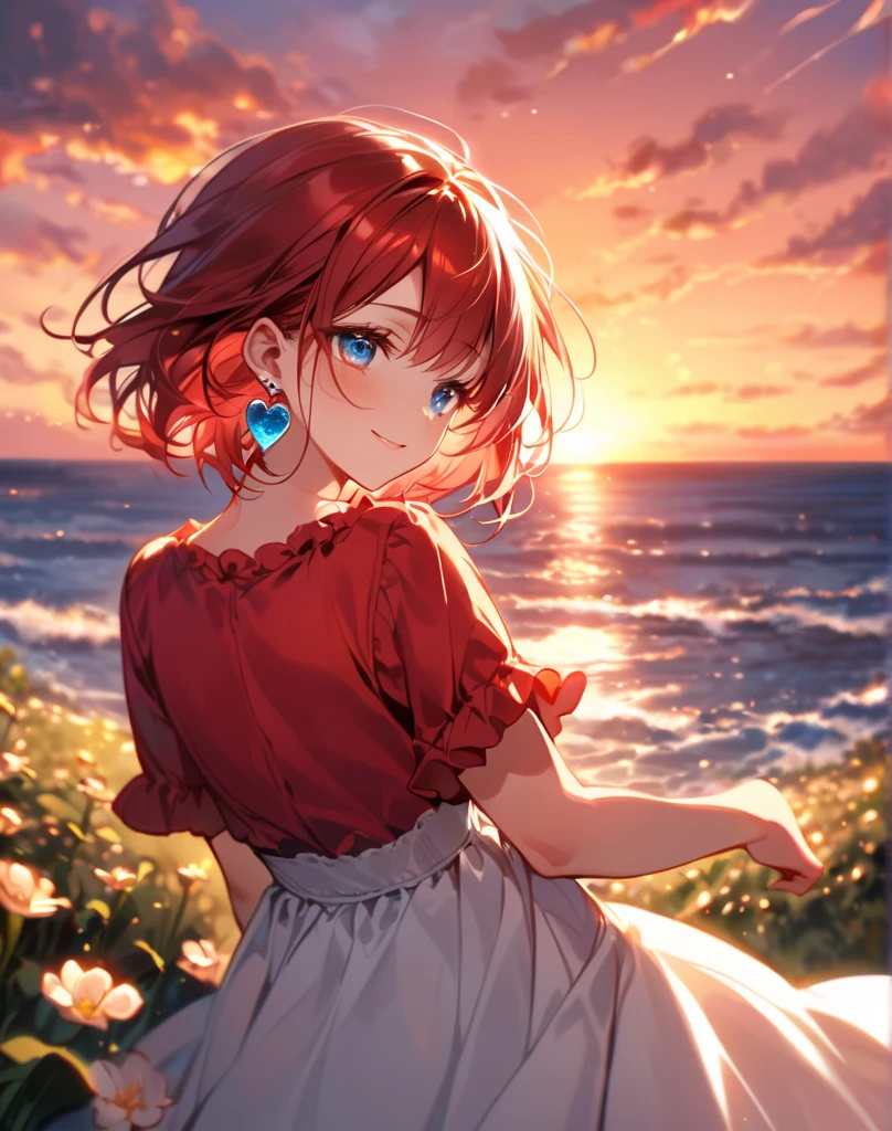 masterpiece、highest quality、High resolution、Very detailed、Medium wide shot、Girl、horizontal lineに沈む夕日、sunset、Ocean、horizontal line、evening、Magic Hour、夕日を見つめるGirl、Beautiful eyes、smile、Short-sleeved shirt、Shorts、Shortcuts、Curly Hair、Bouncy hair、Orange Hair、Young Girl、Embankment、Back view、