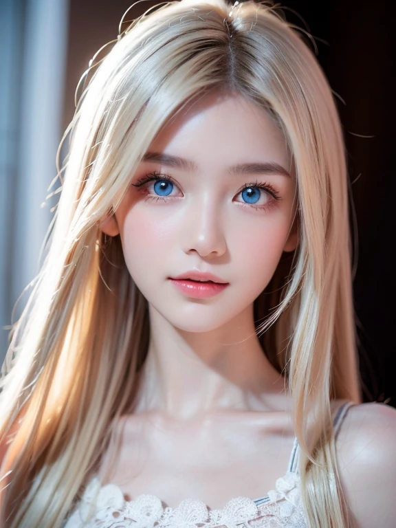 a beautiful detailed 1girl, extremely detailed eyes and face, long silky white hair, beautiful blue eyes, looking at viewer, realistic, photorealistic, photo-realistic, HDR, 8k, high quality, masterpiece, professional, ultra-detailed, vivid colors, studio lighting, physically-based rendering,Room background