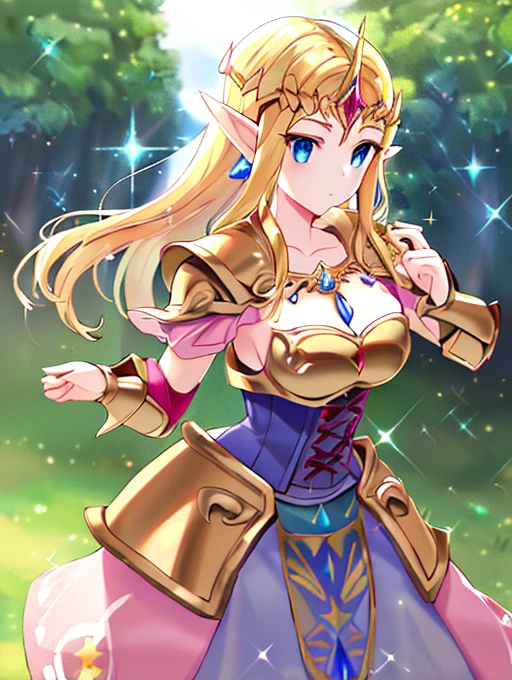 best quality, masterpiece, highres, detailed, perfect anatomy, <lora:Detail - add_detail:0.2>, ZeldaHW, corset, armored dress, breastplate, <lora:ZeldaHW-10:0.9>, blonde hair, pointy ears, pink clothing, blue eyes, medium breasts, 1girl, tiara, battlefield, medieval, light magic, sparkles, outdoors, pink shorts, blush, smile, happy,