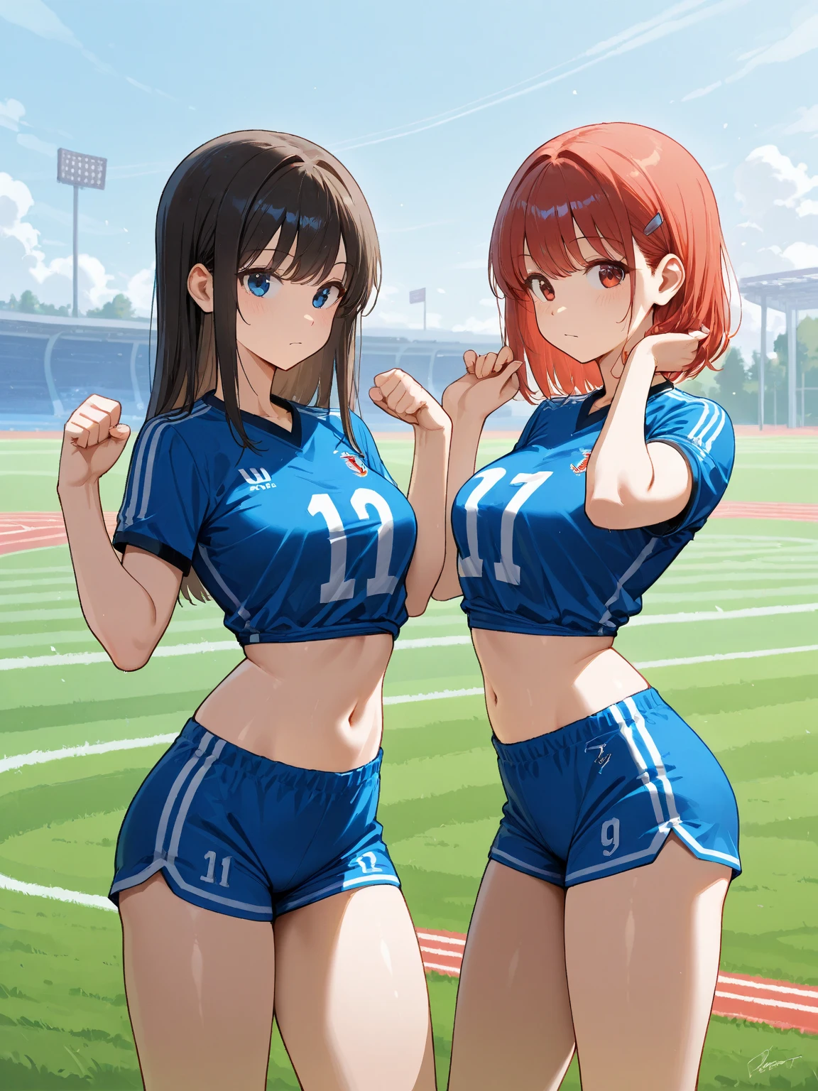(masterpiece),best quality:1.5, ultra-detailed, high resolution, high quality, 16K, ((2heads:1.5)), ((brown hair color)), (1girl), conjoined twins, girl with two heads, (Olympic stadium), ((Olympic athlete)), Olympic outfit, sports oufit, (Olympic tank top), shorts, gentle smile, blue eyes,