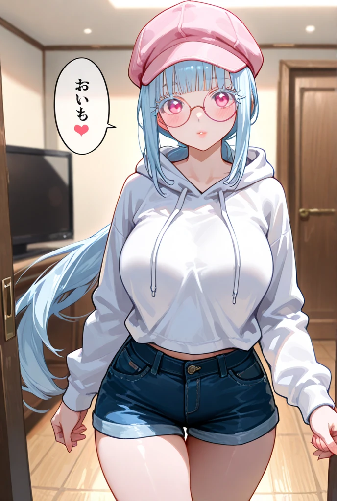 A woman wearing a short skirt is holding a cell phone, Tsk tsk, She has a jiggly, fat, round belly, , brother, big tummy, her belly is fat and round, Fat Chan, thick body, Tsk tsk build, (SFW) safe for work, brother proportions, Short full-length portrait!,,(big bust:1.5), (Black eyes with a slight purple tint:1.5), (Very white and long hair with a bluish tint, weak perm:1.5), (white sleeves wrapped around arms, oversized white shirt, oversized white shirt:1.5), (bare foot, round-rimmed glasses:1.5), (Belly Fat, muffin top, plump:1.5), (smiling faintly:1.5),