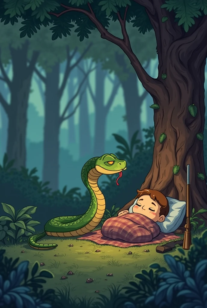 A young man is peacefully sleeping in a dense jungle. Above him, a sleek black snake, its scales glistening in the dim light, rests calmly, coiled and poised. The snake's eyes are alert, its body partially extended as it drapes over a low-hanging branch, casting a shadow on the man below. The surrounding jungle is thick with vibrant green foliage, with shafts of soft light filtering through the trees, creating a serene yet slightly eerie atmosphere.