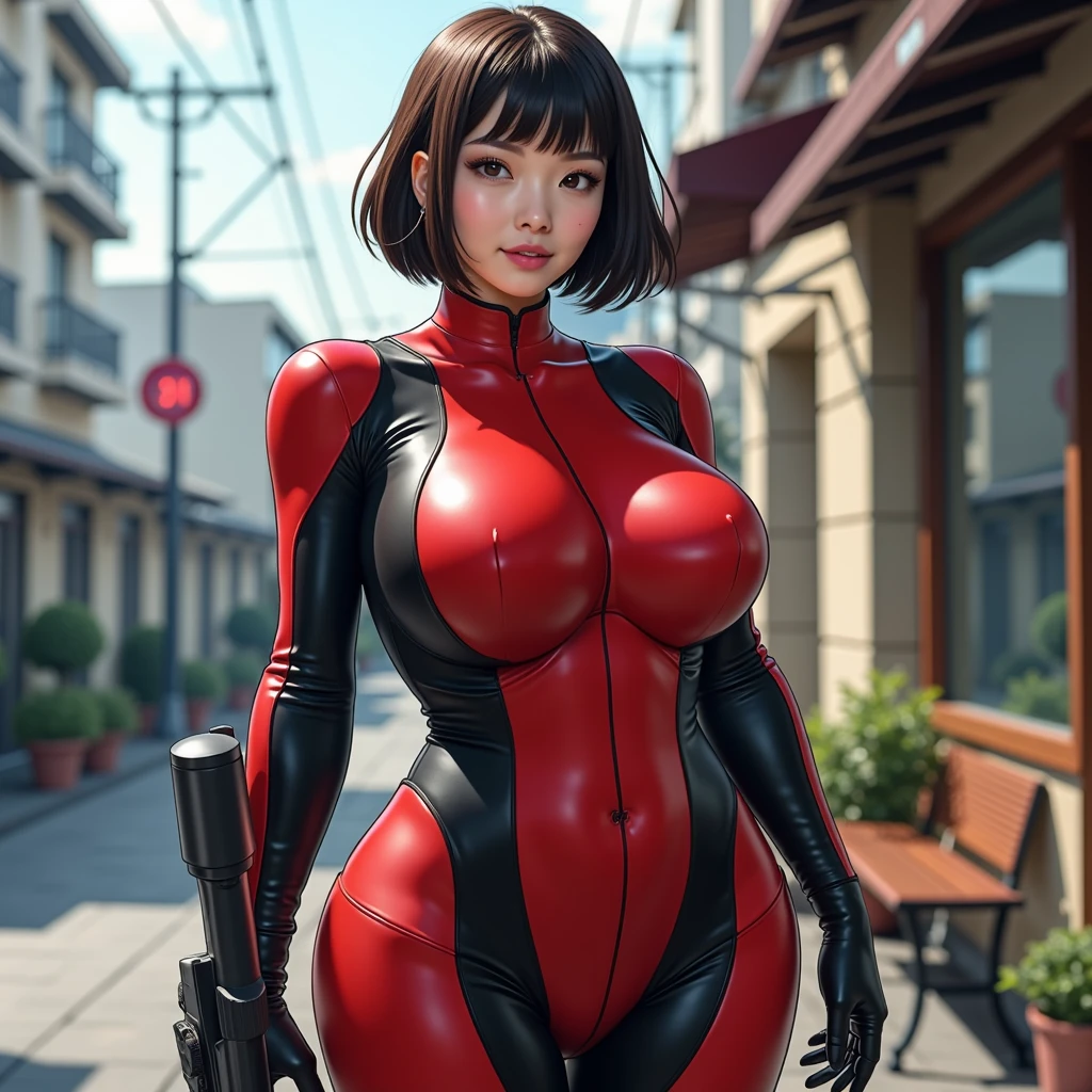 Short black hair, tall, shiny skin, glossy skin, huge breasts, fit, dark skin, very dark skin, very long legs, cameltoe, angry smile, pink latex skinsuit, gloves