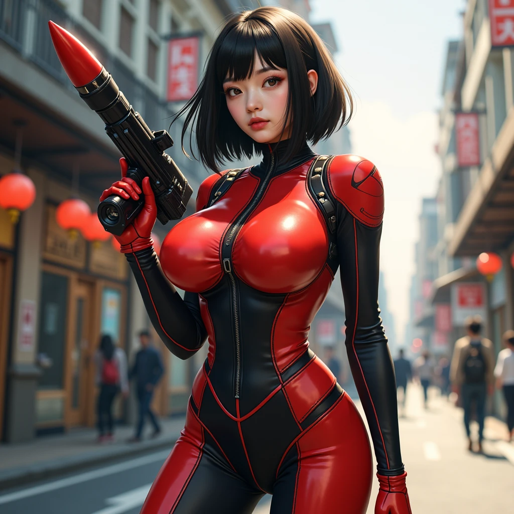 (very detailed:1.5), (8K), Sci-fi futuristic mechanical girl with flashing neon lights., style (cyberpunk personality:1.3), Wear elegant combat uniform,vivid details, sexy pose, (bold typography:1.2), dynamic composition, bright colors, (アキラstyle:1.1), (Inspired by Hajime Sorayama:1.2), Full body Esbian, red、yellow、green、white details, combat position, detailed bikini, Futuristic and detailed BMW bike,, Girl born in junior high school, (((huge breasts:1.2)))、short hair,perfect limbs, perfect anatomy,