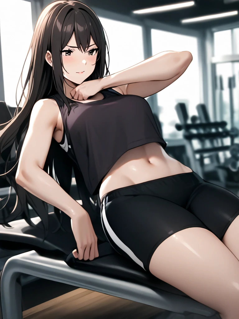 Girl with medium breast wearing tight sports bra with angry and shy expression, big thighs, sexy, wearing sports bra, shy, hot, she is sitting on the chair, she is embarrassed, medium breast, shy expression, tight sports bra,t, in pain, she is super in pain, dynamic shot, dynamic pose,sweaty, big thighs, closed eyes, crying, dynamic shot, close up shot, foreshortening shot, she is touching her belly, she is grabbing her butt, she is trying hard, she is naked, she is holding her pee, she is wet, big butt, long hair, black hair, bangs,