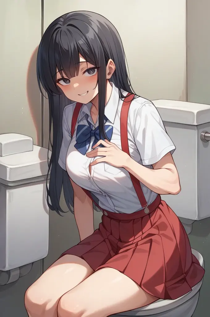 One girl、Ms. Hanako、Dress shirt、Short sleeve、Red suspenders、Red Skirt、、Panty shot、Sidelong glance、toilet、A seductive smile、Slanted Eyes、Black Hair、Skirt lifted