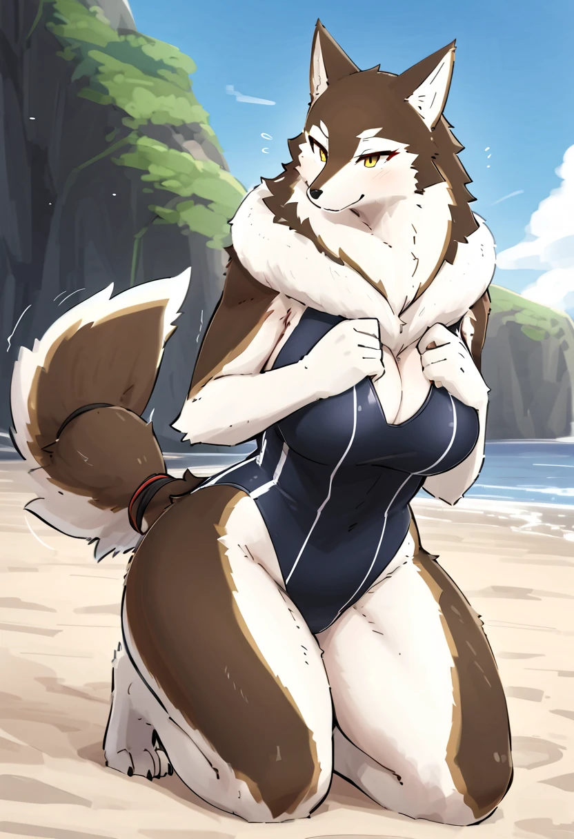 1girl, solo, furry, anthro, (detailed fluffy fur)1.3, wolf girl, short hair, black wolf, black hair, black fur, body fur, yellow eyes, jewerly, skimpy bikini, huge breasts, upper body, looking at viewer, detailed face eyes and fur, sfw, beach, voluptuous, deep cleavage,
