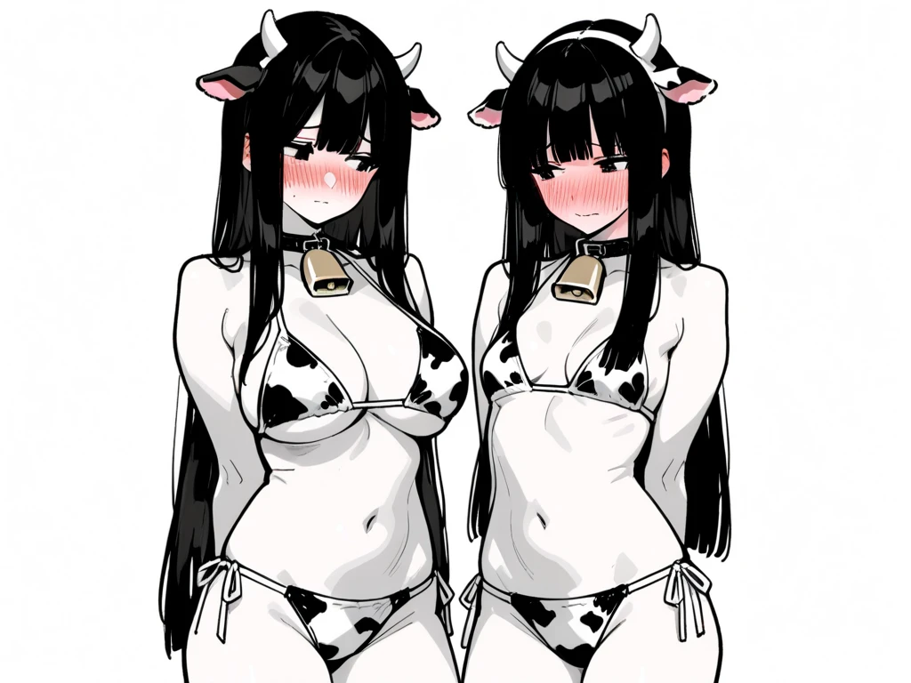 (8K、Best image quality、highest quality、masterpiece)、Detailed face、(2 girls)、Improve、(Black Hair, Purple Eyes, long hair)、(open mouth), (embarrassed), (skinny body:1.3),(huge breasts:1.5),(cow print, micro bikini:1.5), Classroom Background,(upper body), (close-up shot of bust:1.5),(from below:1.5)