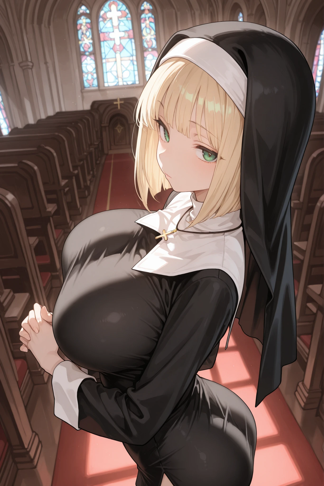 beautiful eye,masterpiece, best quality,1girl,Shoulder-length Bob, blonde hair,green eyes, nun, short dress,looking_at_viewer, turn back,in church,no decorations,big breasts