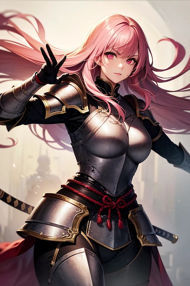 ((Highest quality)), ((masterpiece)), (detailed), One person, Pink Hair,Twin tails,Dress Armor,Green Eyes,Cane in both hands,Big Breasts,skirt,Thigh,ribbon