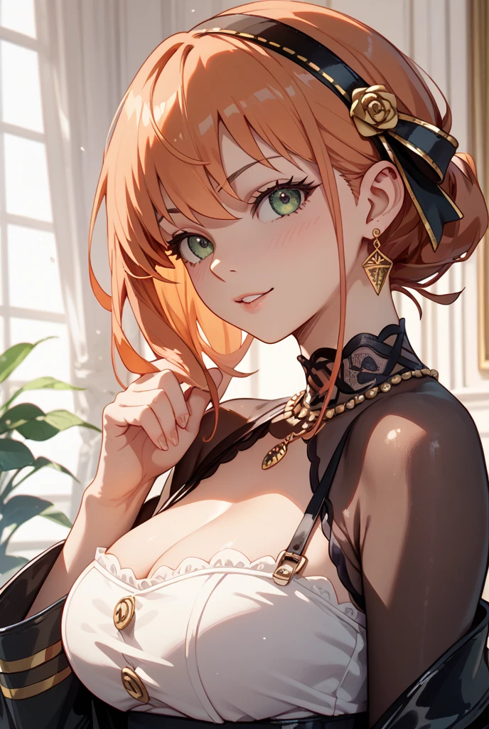 (masterpiece, best quality:1.2),orange hair,1girl,(long hair),<lora:Girls' Frontline-OTs-14[lightning]-V3:1>,purpleheart,jewelry,cowboy_shot,bare shoulders,orange eyes,indoor,<lora:moreDetail:0.6>,
